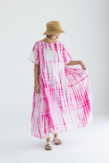 印度手染布短袖後綁帶洋裝_桃