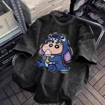 現货潮牌上衣 蠟筆小新 oversize 史迪奇 水洗T 短袖t恤 復古美式街頭 夏季重磅短袖t恤寬鬆 水洗做舊 情侶裝