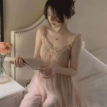 可可裡🌺女夏季新款花色蕾絲網紗可愛甜美公主風睡裙綁帶流蘇家居睡衣