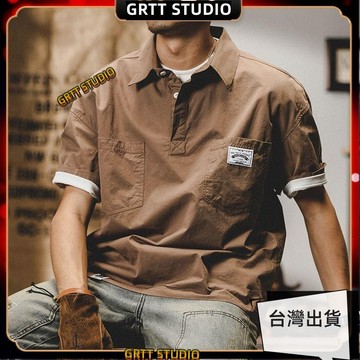 精選🔥polo短袖 短袖上衣 POLO衫 工裝短袖 美式復古寬鬆休閒T恤 短袖polo衫 短袖口袋男裝 大碼翻領男裝