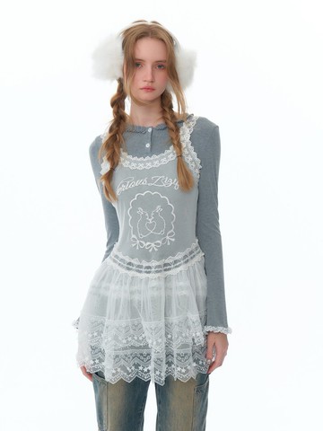 ziziFei秋冬季設計感小眾兔子刺繡網紗透明蕾絲花邊打底連衣裙女