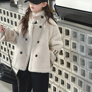 女童加厚外套秋冬裝2024新款女大童仿皮草上衣兒童冬季夾棉毛毛衣