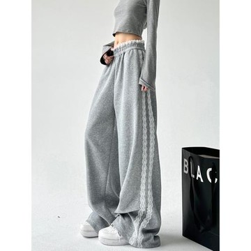 (免運)甜酷休閑褲女2024秋季新款松緊腰拼接蕾絲花邊高個子別致闊腿衛褲