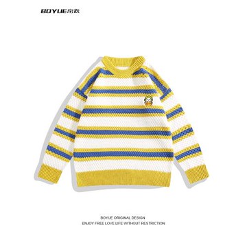 BOYUE帛躍麻花編織條紋撞色毛衣小奶狗刺繡青春潮流情侶針織衫男