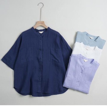 日系純色一體裁剪苧麻短袖襯衫夏季新款立領手工包扣大碼文藝上衣
