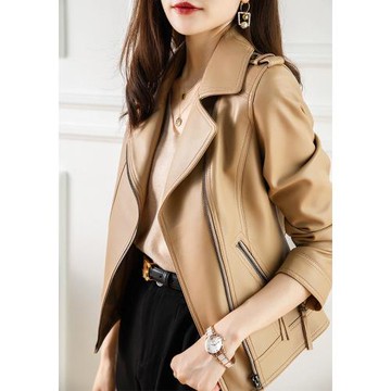 WK 通勤機車款綿羊皮皮衣外套女短款修身翻領真皮夾克P1982302