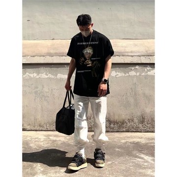 HIP潮牌美式大碼短袖男t恤夏季復古街頭人物印花重磅純棉半袖上衣
