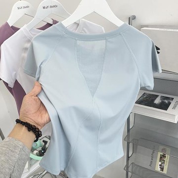 必入款！后X型網紗拼接性感圓領百搭短袖24夏日透氣插肩短款上衣
