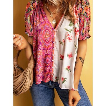 夏季新款復古小眾撞色拼接短袖上衣女2025歐美時尚花卉印花襯衫女