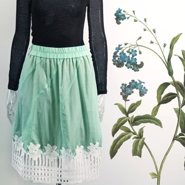 薄荷色白蕾絲裙腳絲棉半裙  橡根腰側插袋