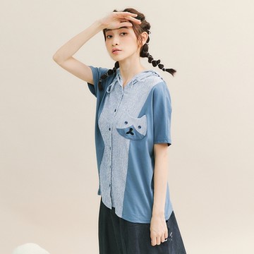 【Dailo】貓咪口袋條紋拼接連帽棉短袖上衣 藍 綠 咖
