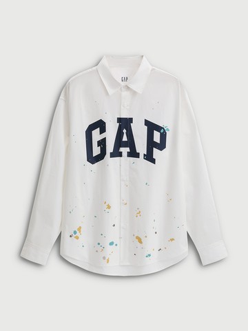 男裝 Logo純棉印花翻領長袖襯衫-白色