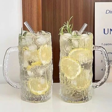 台灣出貨🔥 ins樹紋玻璃果茶杯大容量帶把果汁啤酒冷飲料杯家用夏天喝水杯子