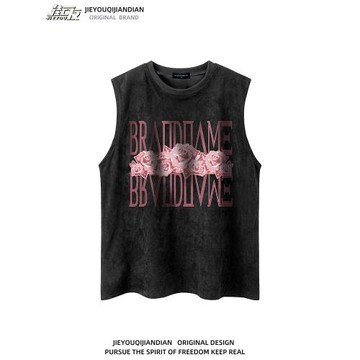 美式潮牌玫瑰印花無袖T男女復古寬松Oversize百搭情侶麂皮絨背心