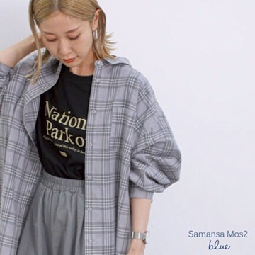 Samansa Mos2 blue 素色/格紋亞麻混紡翻領長版襯衫