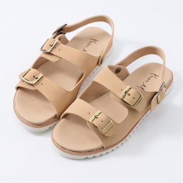 (限時79折)Kuru Mira雙釦後拉平底休閒涼鞋-淺米