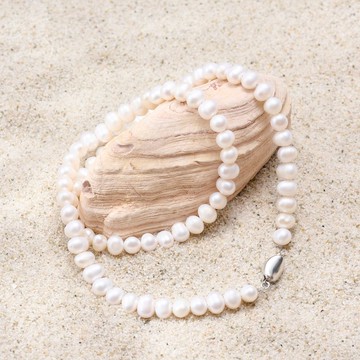 天然白色淡水珍珠項鍊 7–8mm 銀色元寶扣 溫潤雅緻 週年紀念