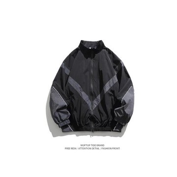 WH先生美式潮牌嵌線反光拼接立領拉鏈外套秋季沖鋒衣寬松休閑夾克