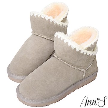 Ann’S可愛毛線-側V編織滾邊短筒真皮雪靴-杏