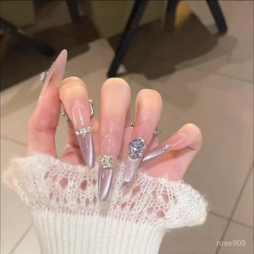 ➕最新設計款穿戴甲💅【雲紗黎霧】純手工穿戴甲春夏新款輕奢碎鑽貓眼紫色細狗顯白美甲細狗長尖穿戴甲 PFYX