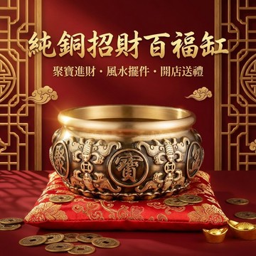 招財進寶沈萬三聚寶盆米缸 黃銅招財百福缸 一桶金 聚寶盆 大小風水擺件 風水轉運進財 開店送禮擺飾聚財小物