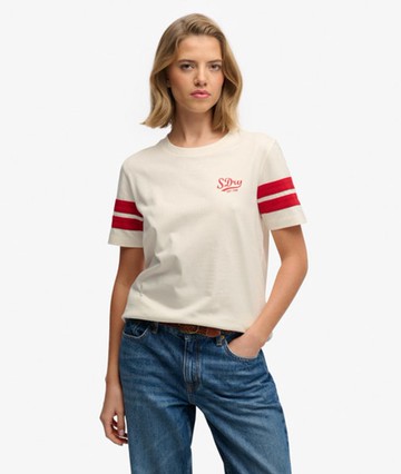 Superdry Women's Varsity Stripe Script T-shirt Cream Size: 6