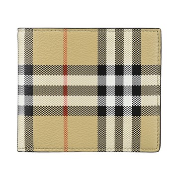 BURBERRY 巴寶莉 內皮革印字LOGO經典格紋帆布8卡對開短夾(典藏米)