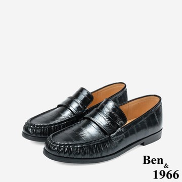 Ben&1966高級質感牛油皮抓皺線條感樂福鞋-黑(248121)