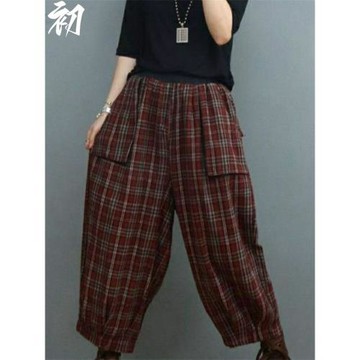 秋冬新款休閑復古格子九分褲女款百搭高腰寬松顯瘦舒適磨毛燈籠褲