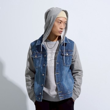 【ERSS】女裝 男裝 牛仔外套 休閒外套 連帽外套 拼接 帽可拆 深藍【K10190】