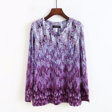 V領套頭印花T恤衫 秋新款女款長袖體恤時尚百搭打底衫上衣H/9-4