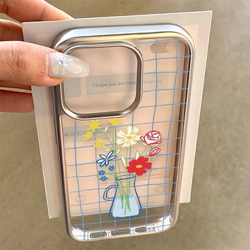 免運+隔日🚚電鍍手機殼 春日藍格子花瓶 適用於蘋果17promax 16Pro 15plus14 13 12 11防摔