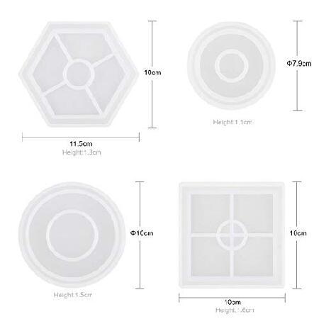 DIYコースター シリコンモールド 4個パック 樹脂モールド キャスティング用 環境に優しい 頑丈な六角形 四角形 丸型 底部ブラケット 樹脂 コンクリート セメント