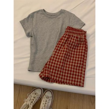 少女甜美修身短袖T恤睡衣女夏款2024新款格子短褲家居服休閑套裝