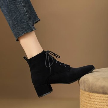 2025秋冬歐美風側拉鏈尖頭高跟通勤短靴女時尚單靴粗跟及踝靴平跟