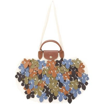 LONGCHAMP Le pliage Collection 花朵皮革飾棉線編織手提/肩斜背漁網包(L/青苔綠)