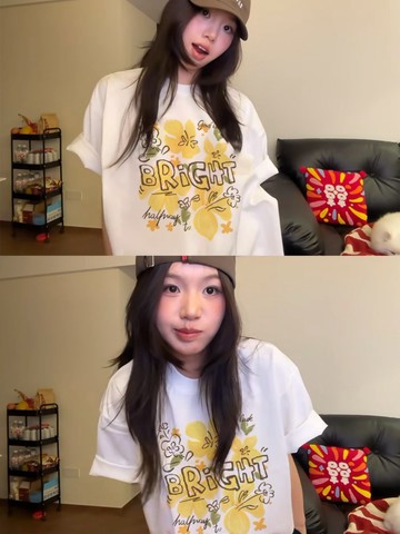 新款寬鬆爆款女裝今年流行的正肩設計感上衣小眾短袖女生上衣 印花寬鬆情侶短袖T 上衣女 美式t  韓版T 大學T