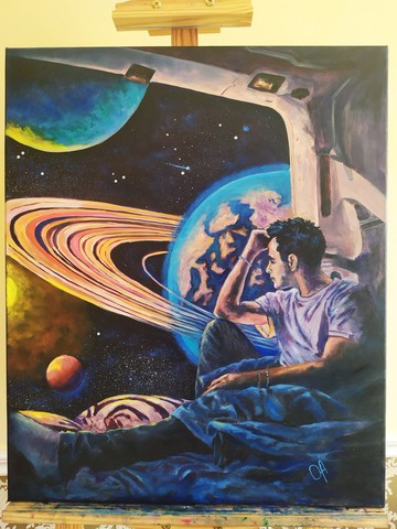 原創油畫。太空旅行。超現實主義。