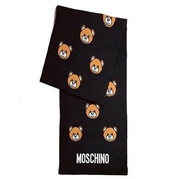 MOSCHINO 30823 M3176 小熊印花羊毛混紡長圍巾.黑