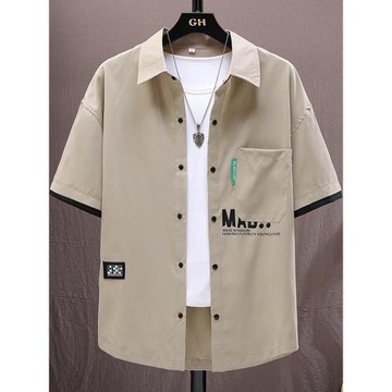 工裝短袖襯衫男士夏季潮牌寬松五分袖休閑襯衣套裝潮流痞帥兩件套