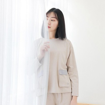 MIT有機棉素面跳色口袋長袖居家服-麻花卡其