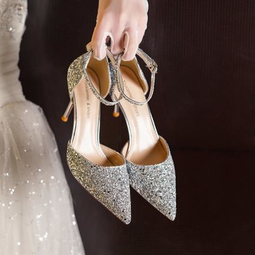 中空水晶鞋尖頭涼鞋包頭歐美成人禮亮片一字帶婚鞋禮服細跟高跟鞋
