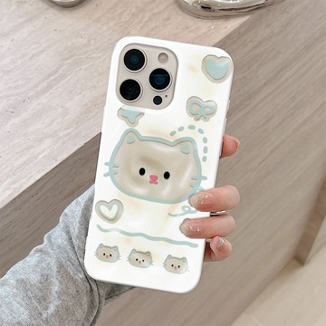 白底鏤空貓 蘋果16Plus保護殼 iPhone17ProMax 15 14 13 12 11 時尚隕石紋理 大孔軟殼