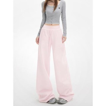 (免運)RJVO慵懶風高腰闊腿褲女秋季新款粉色寬松直筒褲時尚抽繩休閑褲