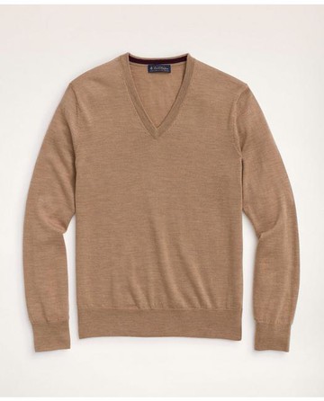 Brooks Brothers Men's Big & Tall Merino Wool V-Neck Sweater | Camel | Size 3X
