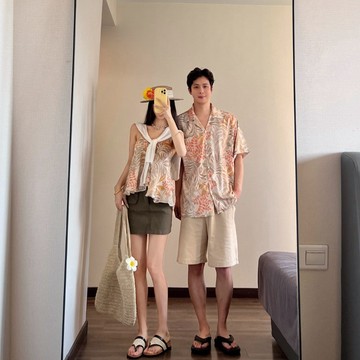 普吉島度假情侶裝碎花吊帶背心海邊沙灘情侶上衣居家旅行衣