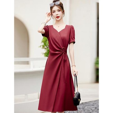 五一媽媽婚宴禮服酒紅色婆婆裝結婚衣服喜服夏裝洋氣氣質連衣裙子