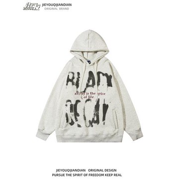 vintage設計感印花加絨連帽衛衣男女復古oversize情侶帶帽衫外套