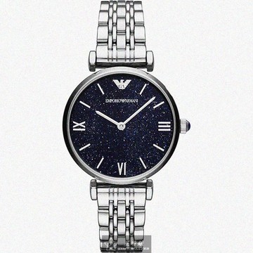 ARMANI手錶，編號AR00029，32mm銀圓形精鋼錶殼，寶藍色中二針顯示， 星空錶面，銀色精鋼錶帶款_廠商直送