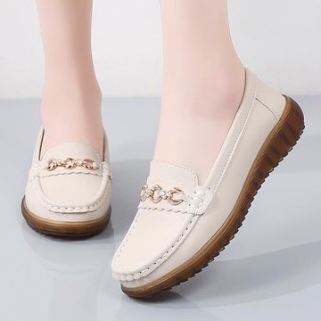 真皮軟底防滑皮鞋牛筋底樂福鞋媽媽鞋平底女鞋中老年人豆豆鞋單鞋